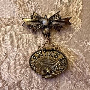 Vintage Burnished Goldtone Wishing Box Brooch with Pearl Accent